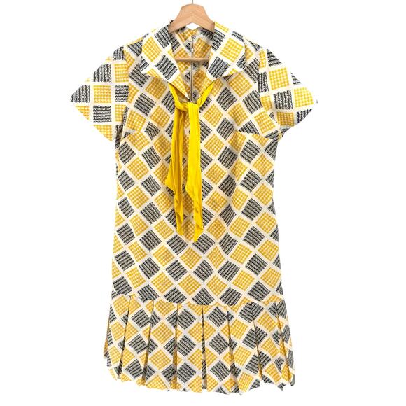 Handmade Dresses & Skirts - Vintage 60s Handmade Yellow Geometric Check Pleated Drop Waist Dress